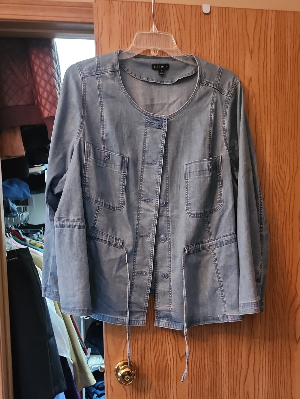 Lane Bryant Faded Blue Denim Button-Front Jacket with Drawstring
